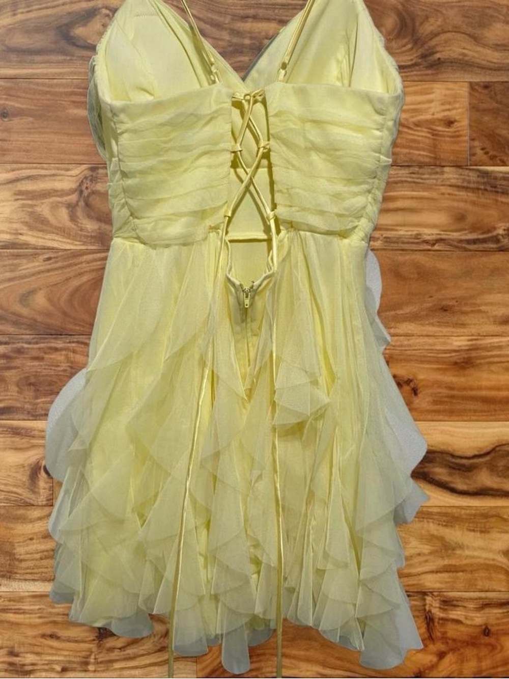 Yellow Ruffled Spaghetti-Strap Prom Dress - Picture 3 of 4